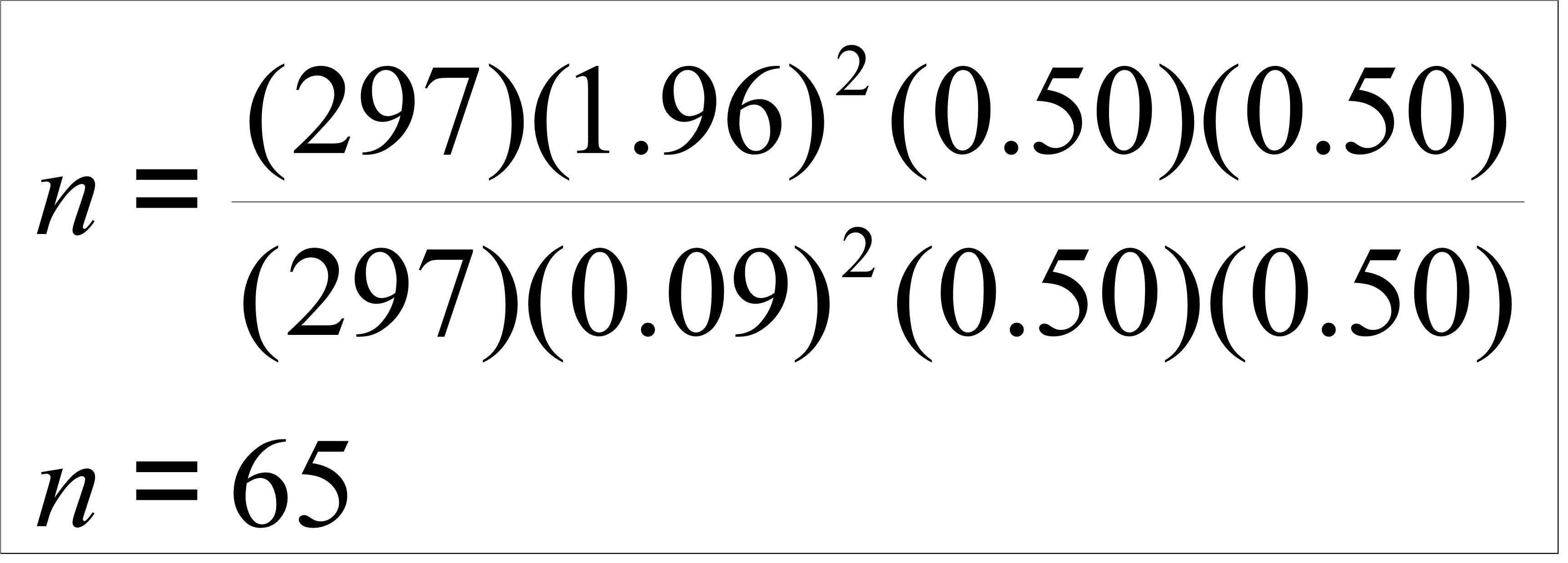 Donde; Z= 1.96,
valor para un nivel de confianza del 95%, N= 297, p=50%, q= 1-0.5, e=1%, .
Reemplazando valores tenemos:

 