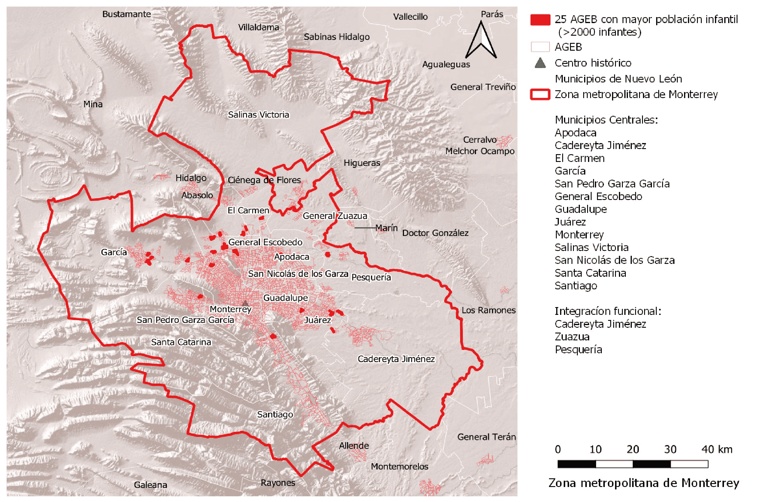 Áreas
geoestadísticas básicas con mayor concentración de población infantil,
localizadas en la periferia de la mancha urbana