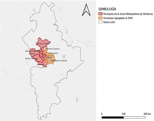 Ubicación de los municipios de la Zona
Metropolitana de Monterrey ZMM y municipios agregados a la ZMM dentro del
Estado de Nuevo León.