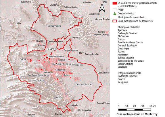 Áreas geoestadísticas básicas con mayor
concentración de población infantil, localizadas en la periferia de la mancha
urbana.