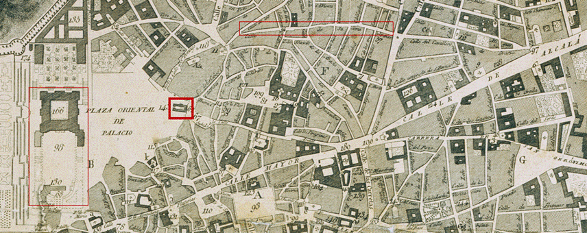 Plano del centro de Madrid (detalle del
plano de Madrid de Lezcano y Salvador, 1812)

 